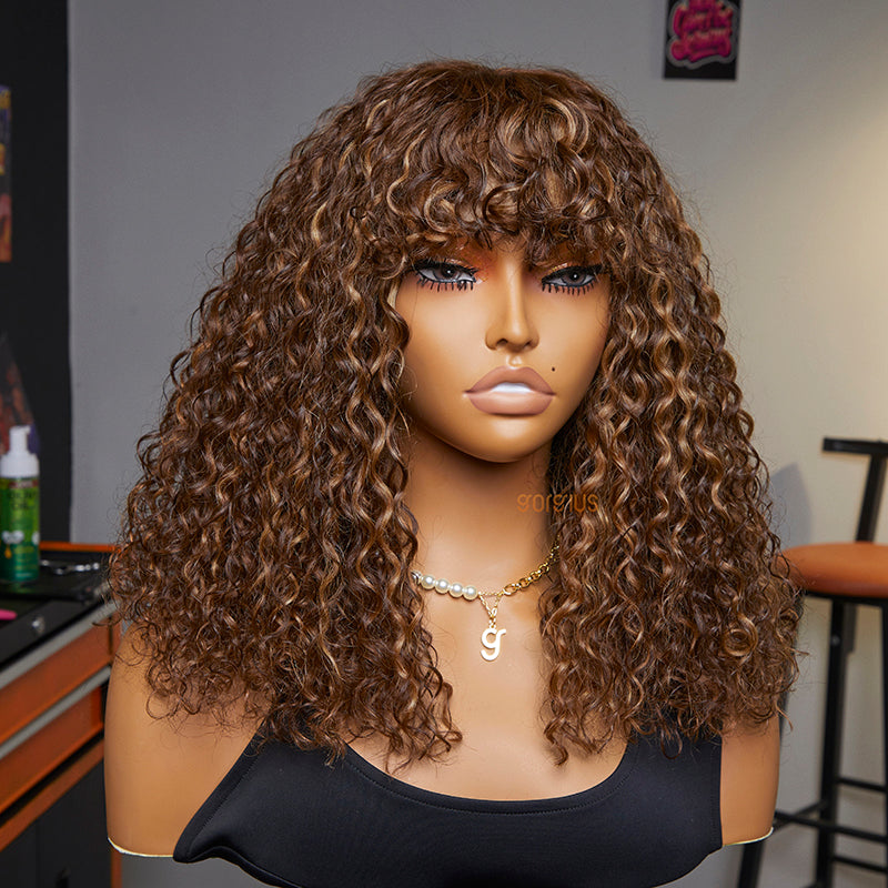 Final Restock | Highlight Brown Curly Minimalist Lace Glueless Long Wig With Bangs - US Only