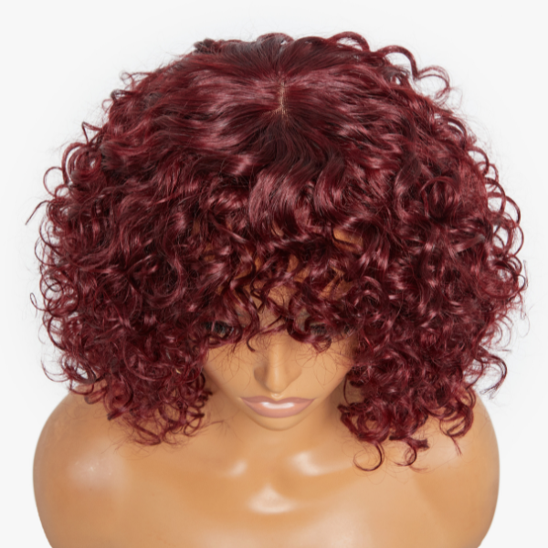 Special Deal | Beginner Friendly Dark Red Water Wave Glueless Minimalist Lace Curly Wig with Bangs