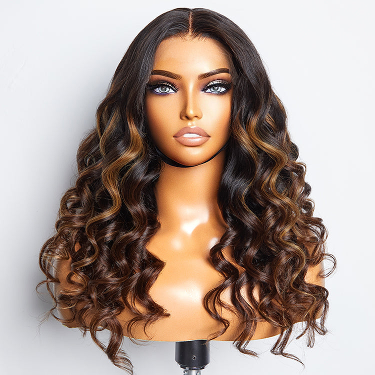 Beginner Friendly Brown Highlights Bouncy Loose Wave Glueless Minimalist HD Lace Wig - US Only