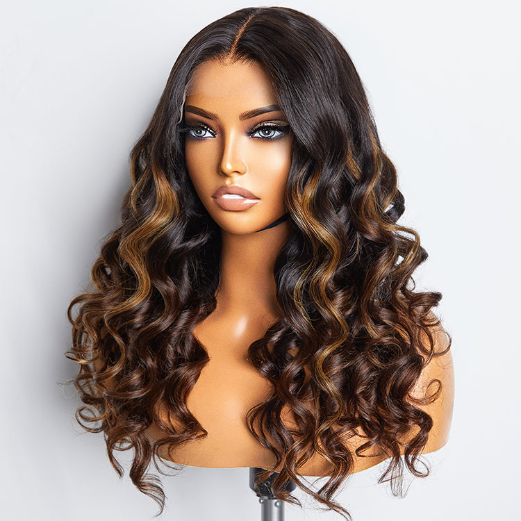 Beginner Friendly Brown Highlights Bouncy Loose Wave Glueless Minimalist HD Lace Wig - US Only