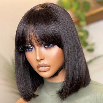 Weekly Special | Put On and Go Realistic Glueless Yaki Straight Bob with Bangs Minimalist Lace Wig 100% Human Hair