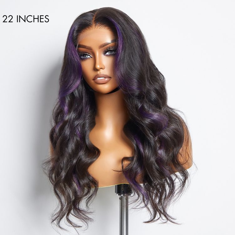 Purple Highlights Mid Part Loose Wave Glueless 5x5 Closure HD Lace Wig