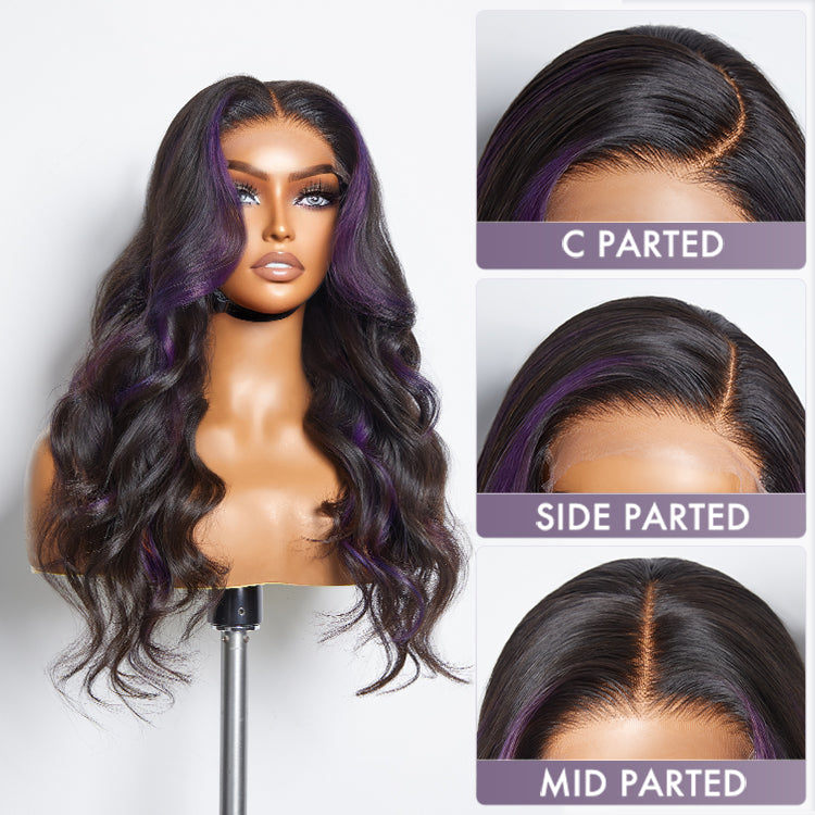 Purple Highlights Mid Part Loose Wave Glueless 5x5 Closure HD Lace Wig