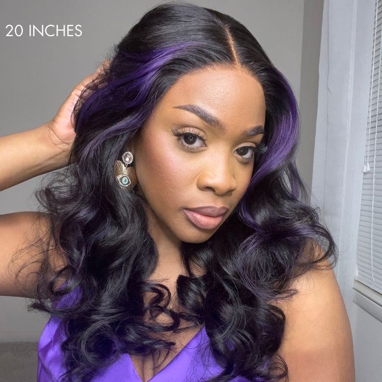 Purple Highlights Mid Part Loose Wave Glueless 5x5 Closure HD Lace Wig