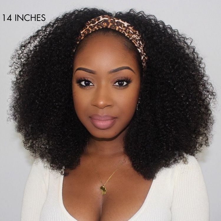 Exclusive Discount | Natural Black Jerry Curly No Lace Glueless Free Part Long Headband Wig 100% Human Hair (Get Free Trendy Headbands)