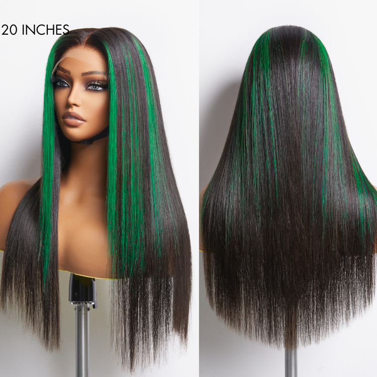 Green Highlight Silky Straight Glueless 5x5 Closure Lace Wig | Large & Small Cap Size