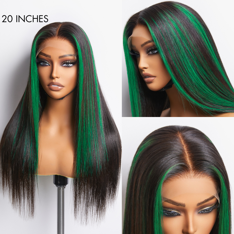 Green Highlight Silky Straight Glueless 5x5 Closure Lace Wig | Large & Small Cap Size