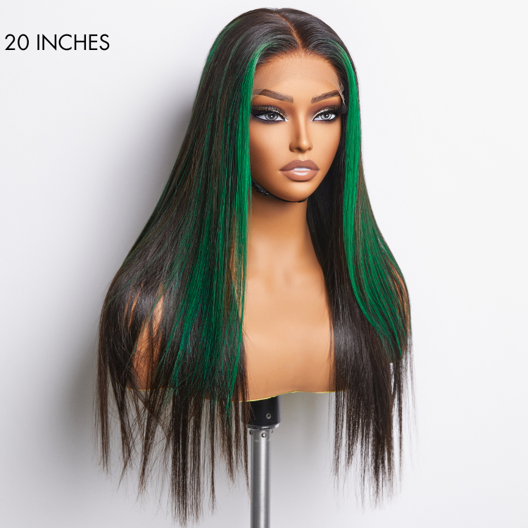 Green Highlight Silky Straight Glueless 5x5 Closure Lace Wig | Large & Small Cap Size