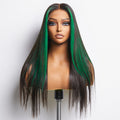 Green Highlight Silky Straight Glueless 5x5 Closure Lace Wig | Large & Small Cap Size