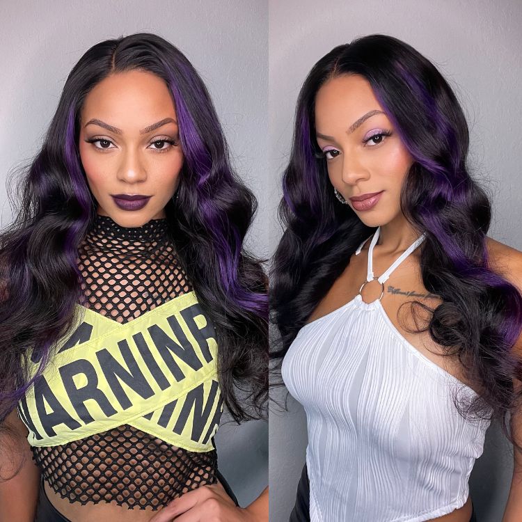 Purple Highlights Mid Part Loose Wave Glueless 5x5 Closure HD Lace Wig