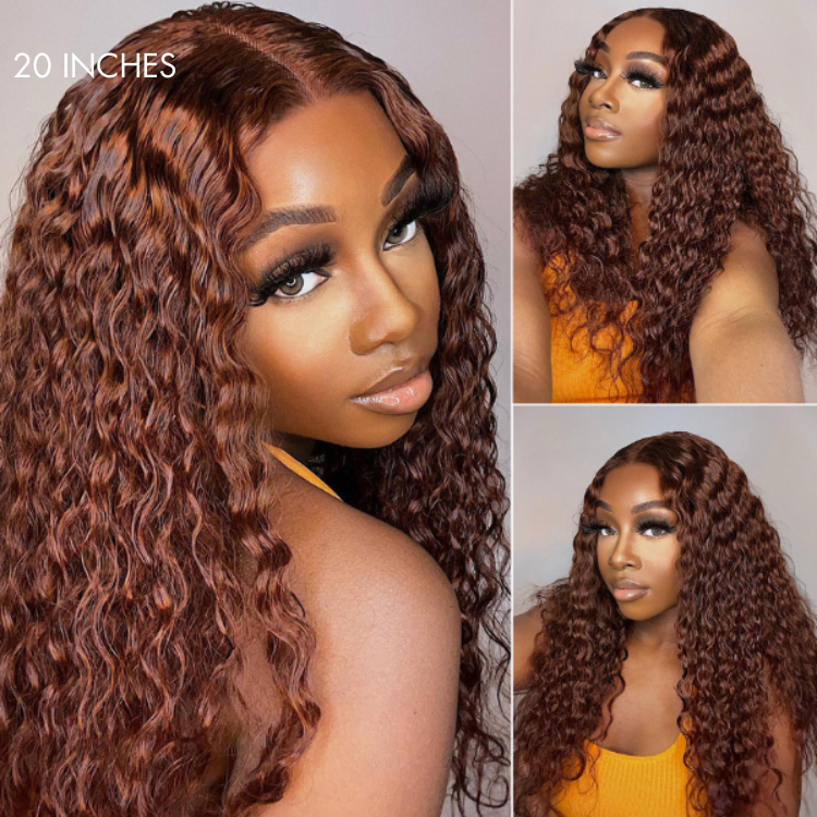 Fianl Restcok | Casual Reddish Brown Curly 5x5 Closure Lace Glueless Mid Part Long Wig - US Only