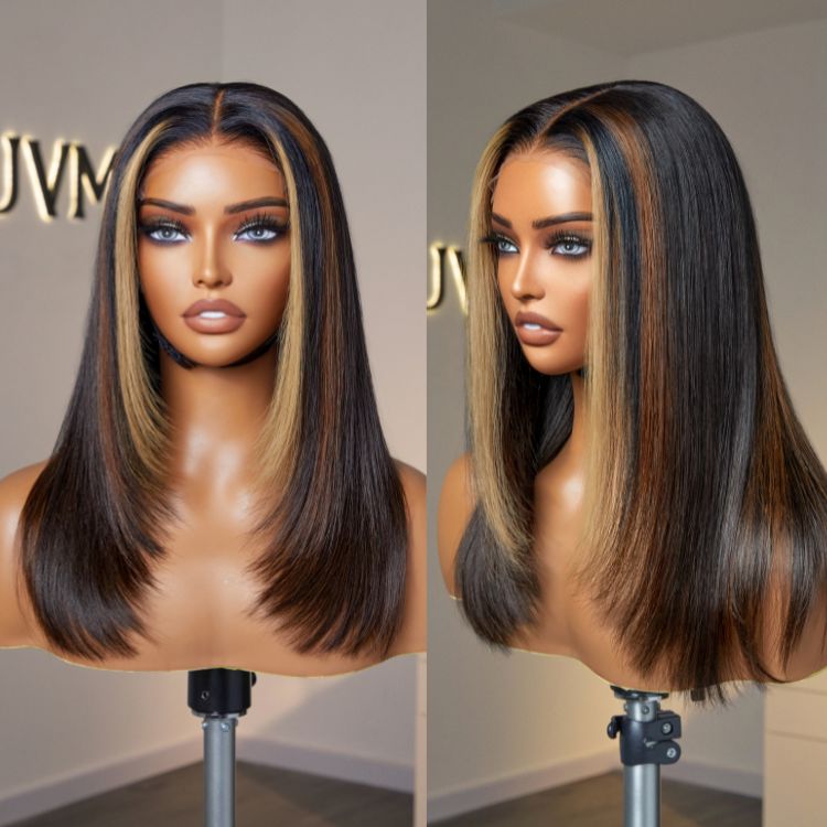 Luxurious Combo Color Highlights Silky Layered Cut Glueless 5x5 Closure HD Lace Wig
