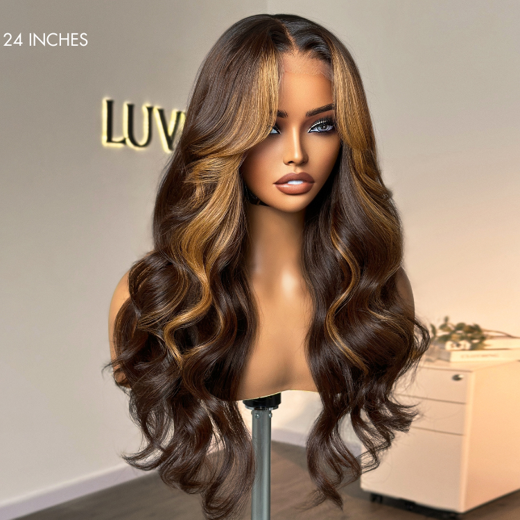 Breathable Cap Blonde Highlight Loose Wave Glueless 5x5 Closure HD Lace Wig with Curtain Bangs - US Only