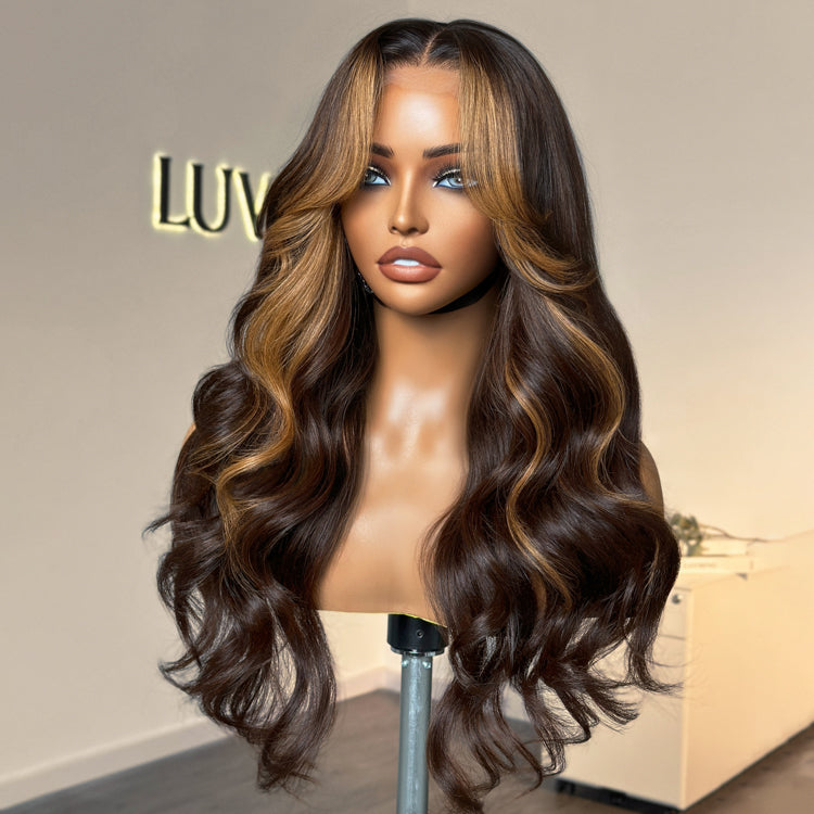 Breathable Cap Blonde Highlight Loose Wave Glueless 5x5 Closure HD Lace Wig with Curtain Bangs - US Only