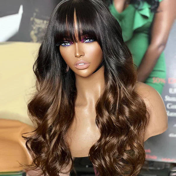 Letitia Chestnut Brown Ombre Loose Body Wave With Blunt Bangs 5x5 Closure Lace Glueless Wig | Large & Small Cap Size