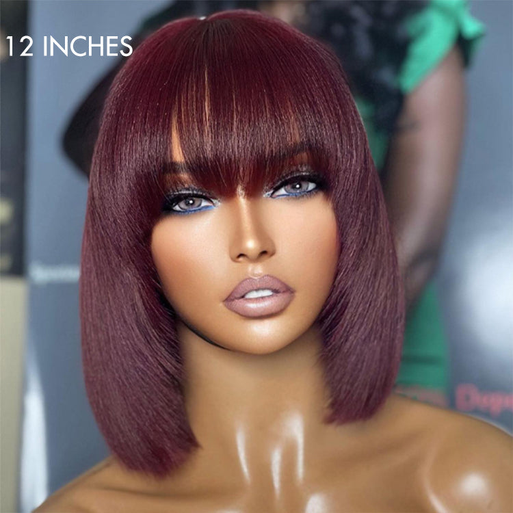 Exclusive Sale | Put On and Go Reddish Purple / Brown Highlight / Natural Black Layered Cut Yaki Straight Minimalist Lace Bob Wig with Bangs