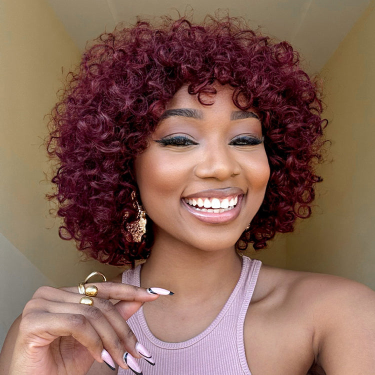 Special Deal | Beginner Friendly Dark Red Water Wave Glueless Minimalist Lace Curly Wig with Bangs