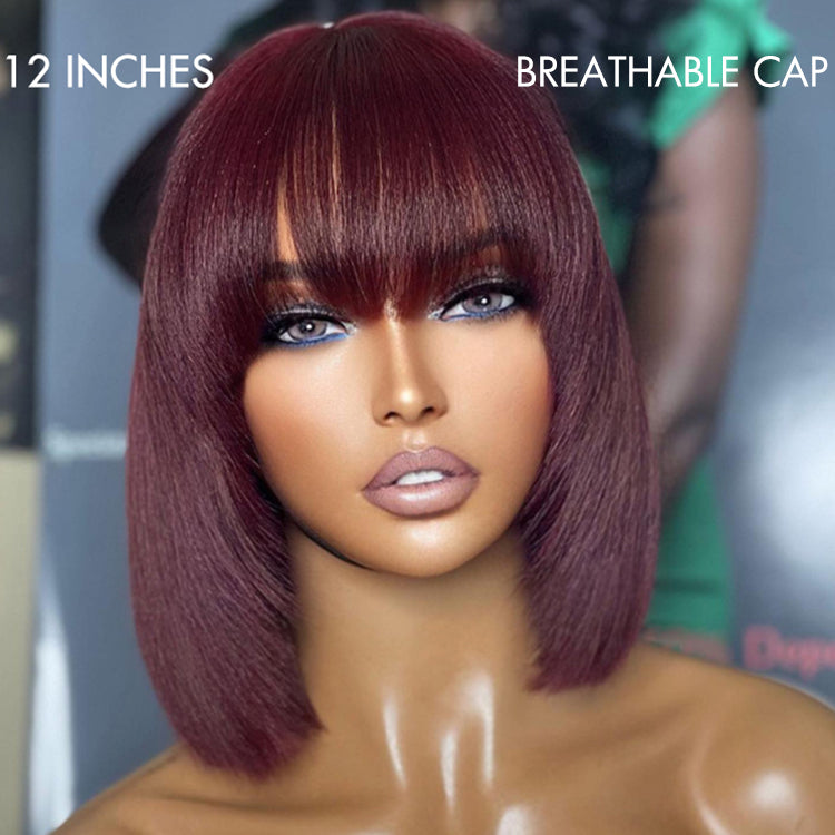 Exclusive Sale | Put On and Go Reddish Purple / Brown Highlight / Natural Black Layered Cut Yaki Straight Minimalist Lace Bob Wig with Bangs