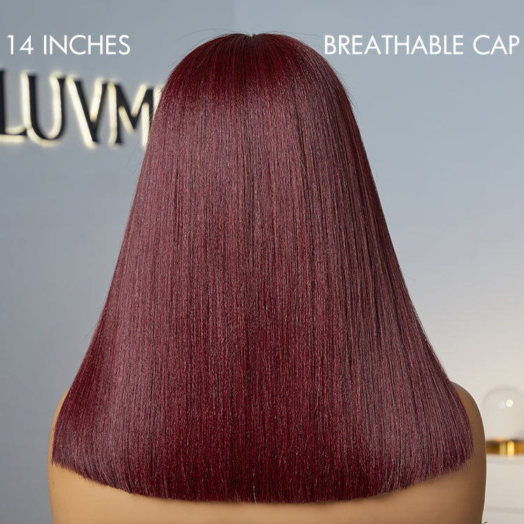 Exclusive Sale | Put On and Go Reddish Purple / Brown Highlight / Natural Black Layered Cut Yaki Straight Minimalist Lace Bob Wig with Bangs