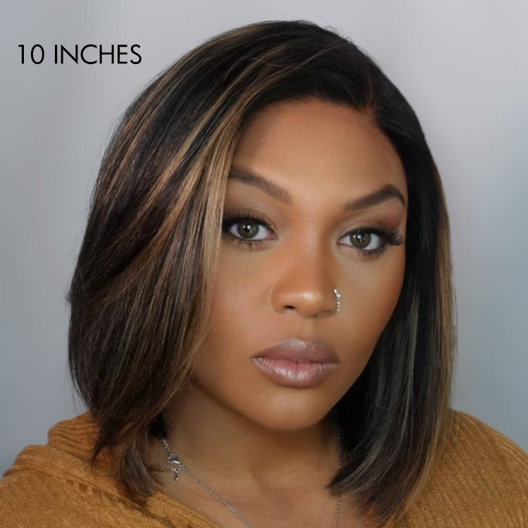 Exclusive Deal | Super Natural C Part Natural Black / Blonde Highlight Glueless Lace Bob Wig 100% Human Hair | Fits All Face Shapes