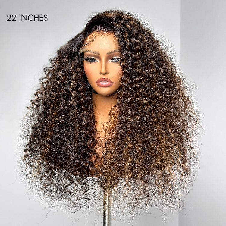 Real Max™ - Chestnut Brown Highlights Funmi 7x6 Closure HD Lace Long Curly Wig Breathable Cap