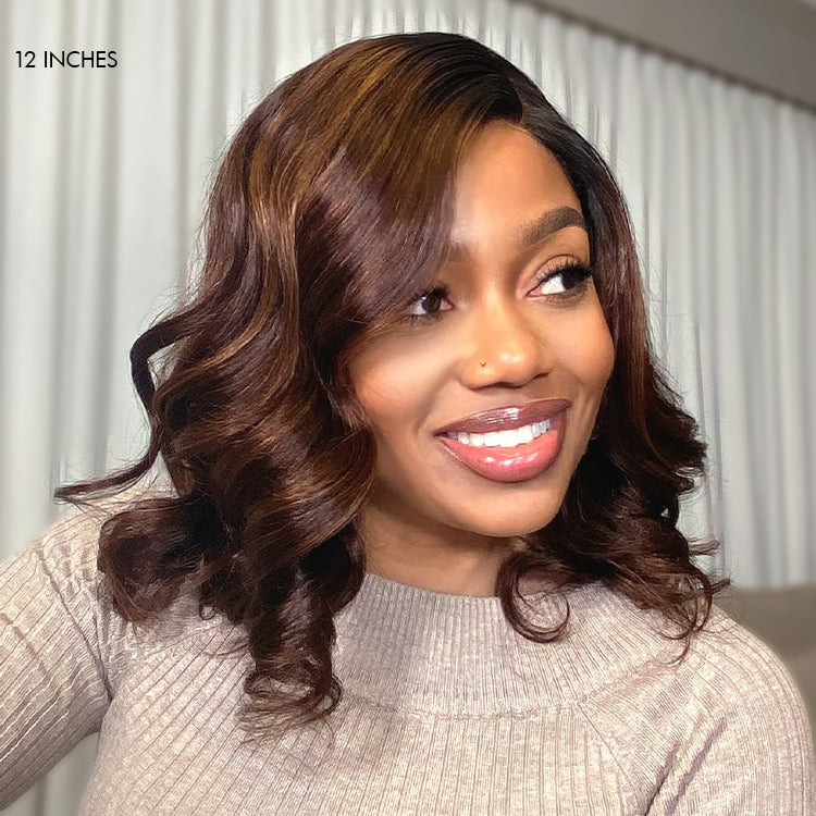 Ombre Brown Loose Wave Minimalist HD Lace Glueless C Part Short Wig 100% Human Hair  - US ONLY