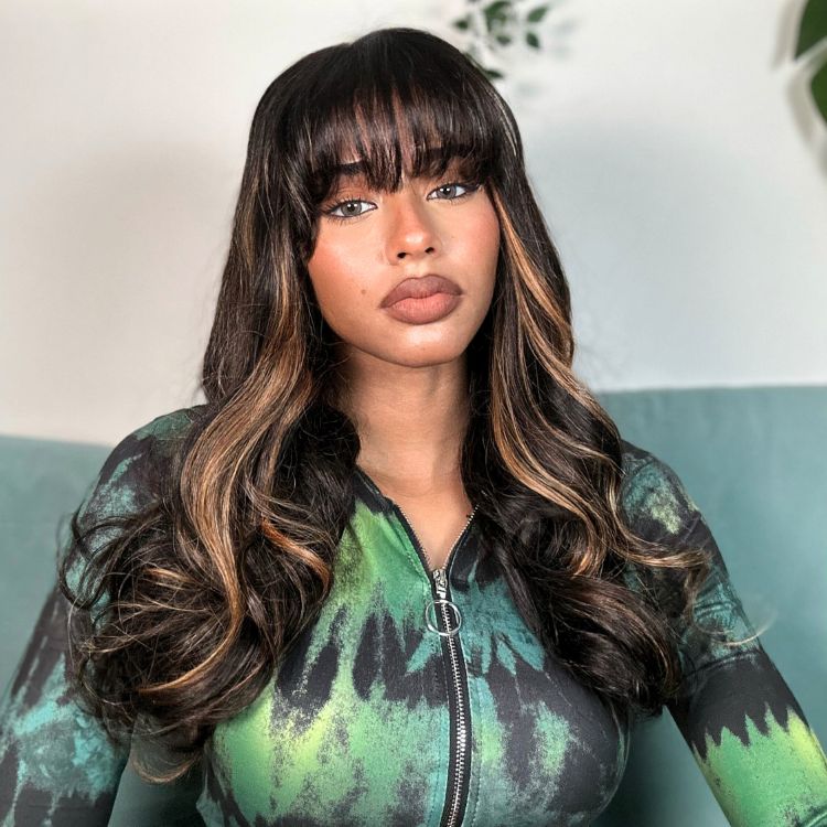 Blonde Highlight Loose Wave Glueless 5x5 Closure Lace Wig with Cute Bangs - US Only