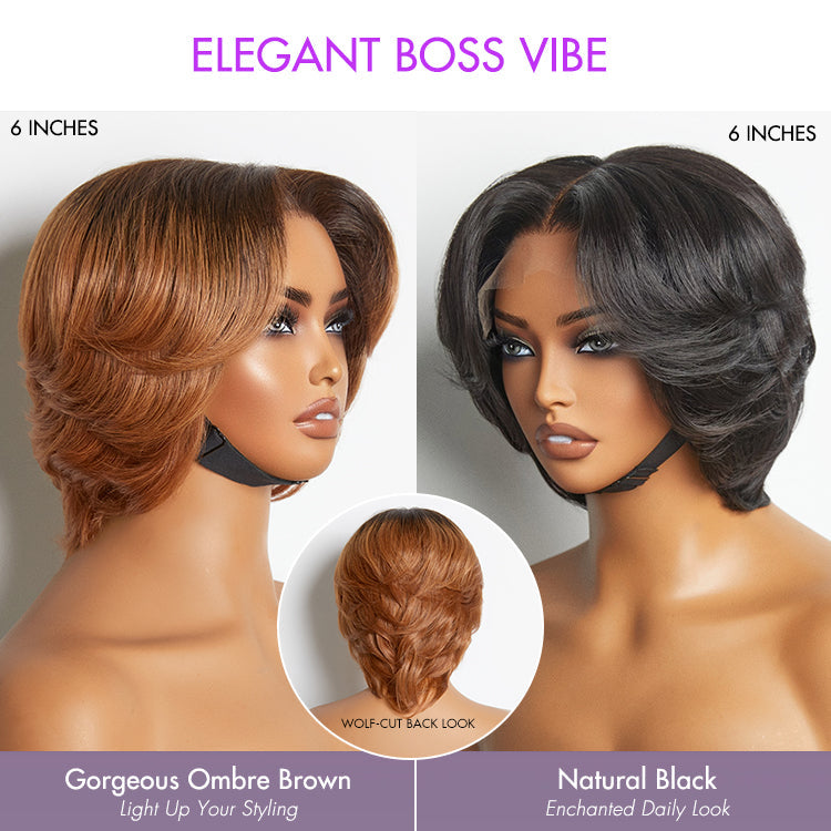 Exclusive Sale | 1 SEC INSTALL WIG | Elegant Boss Vibe Short Pixie Cut Natural Black / Ombre Brown Glueless Minimalist HD Lace Wig Pre Cut Lace