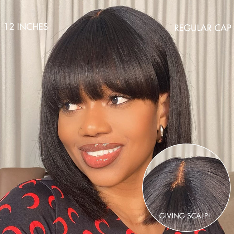 Weekly Special | Put On and Go Brown Highlight / Natural Black Layered Cut Yaki Straight Minimalist Lace Bob Wig with Bangs