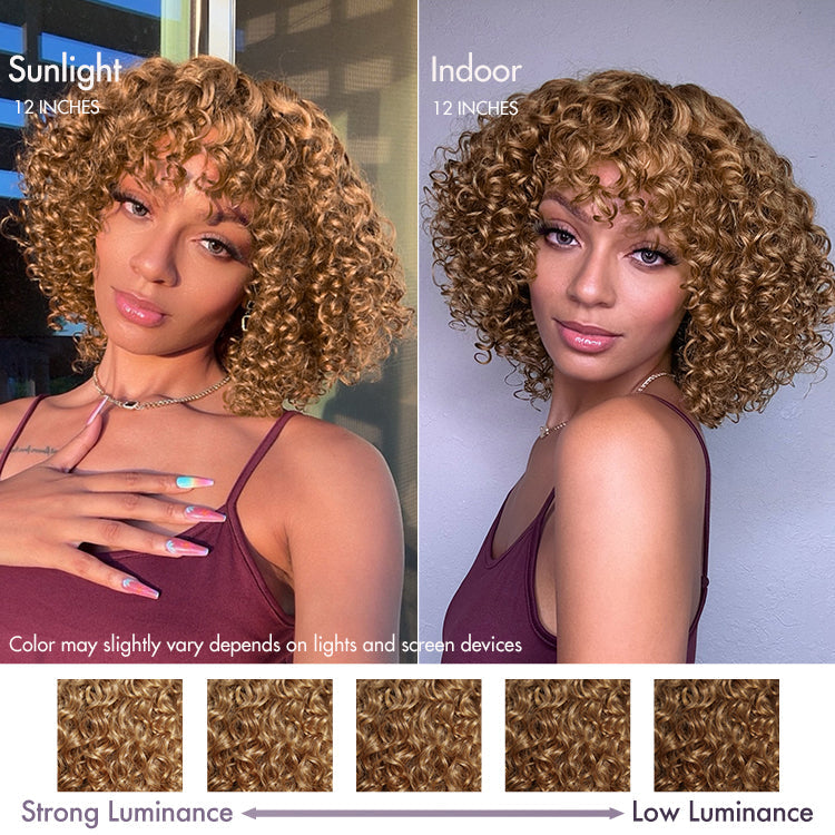 New Customers Only | Lightweight Sun-kissed Vibe Blonde Short Cut Water Wave Glueless Minimalist Lace Curly Wig with Bangs