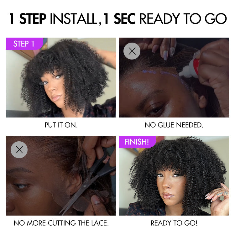 Breathable Cap Ready to Go Bouncy Jerry Curl Glueless Minimalist Lace Curly Wig with Bangs