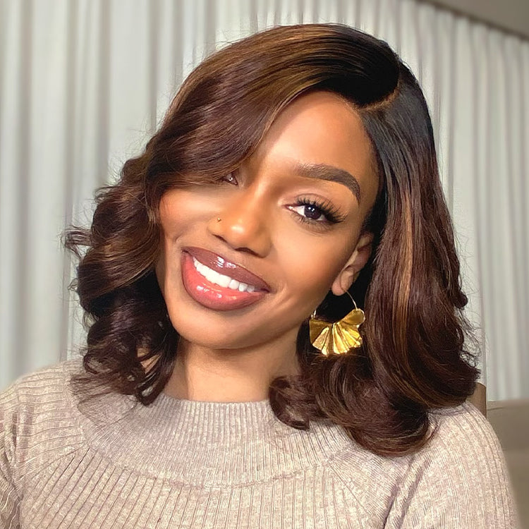 Ombre Brown Loose Wave Minimalist HD Lace Glueless C Part Short Wig 100% Human Hair  - US ONLY