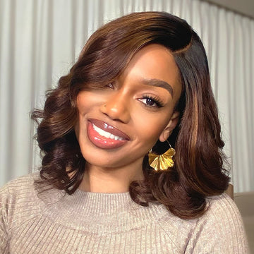 Ombre Brown Loose Wave Minimalist HD Lace Glueless C Part Short Wig 100% Human Hair  - US ONLY