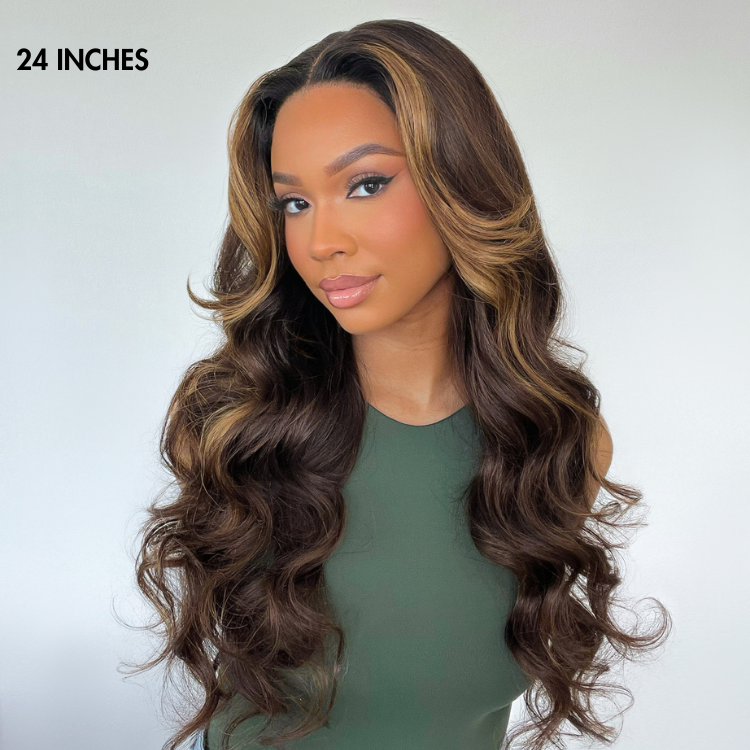 Breathable Cap Blonde Highlight Loose Wave Glueless 5x5 Closure HD Lace Wig with Curtain Bangs - US Only