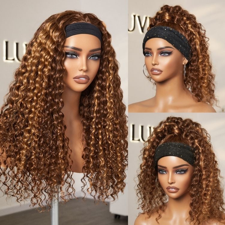 Exclusive Sale | Black / Brown Highlight Deep Wave Headband Wig (Get Free Trendy Headbands)