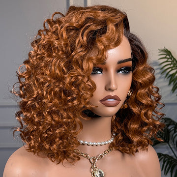 New Customers Only | Ginger Ombre Bouncy Curly Glueless Minimalist HD Lace Short Wig 100% Human Hair