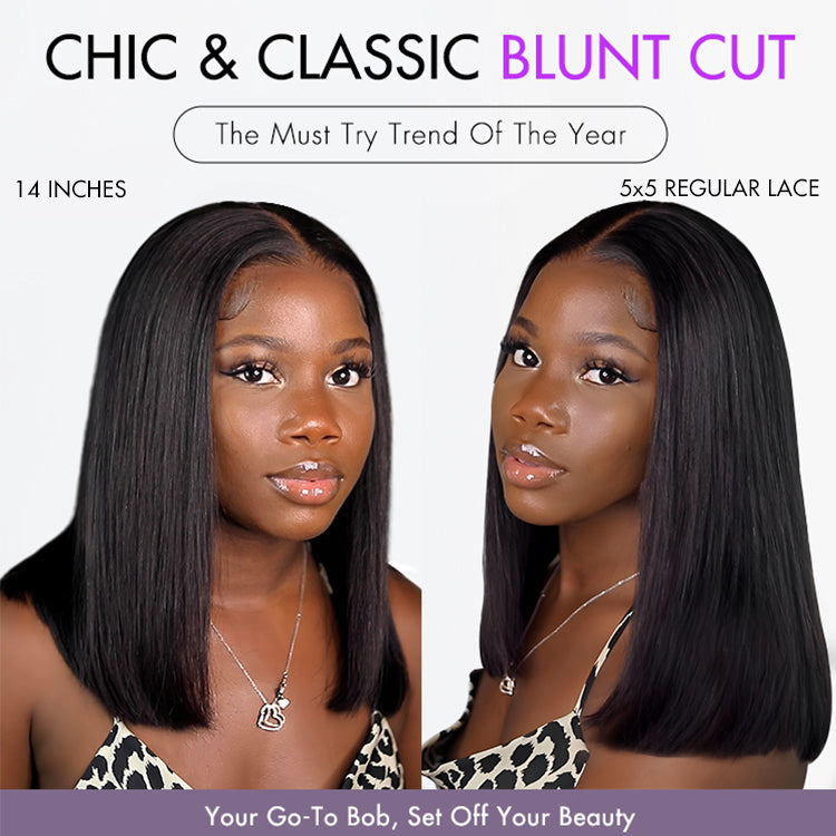 New Customers Only | PreMax Wigs | Silky Blunt Cut Glueless 2x6 / 5x5 Closure Lace Shoulder Length Bob Wig Pre Plucked & Bleached