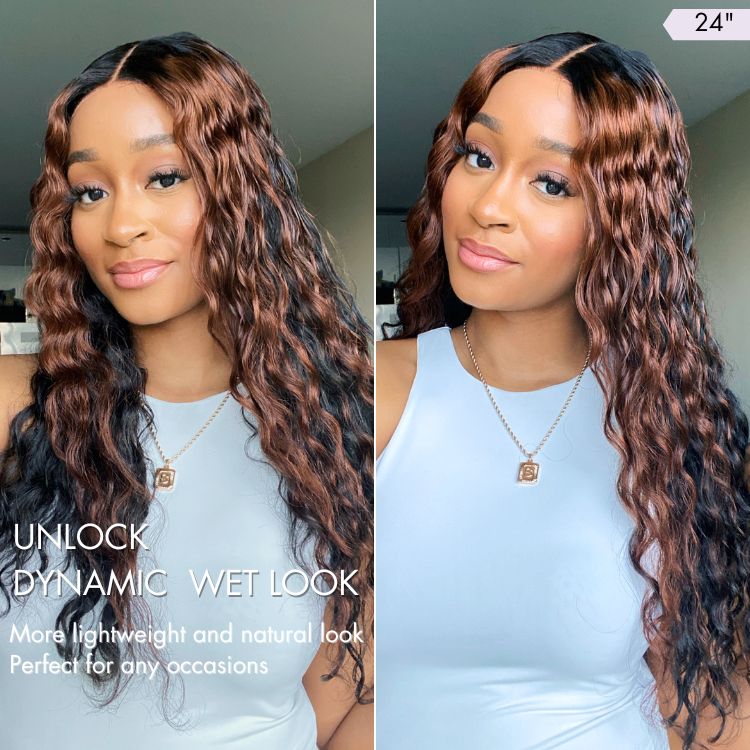 Classic and Chic Peekaboo Ombre Brown Water Wave Glueless 5x5 Closure Lace Curly Wig - US Only