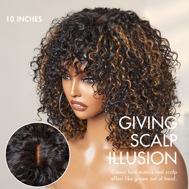 Final Restock | Brown Highlight Water Wave Glueless Minimalist Lace Ultra Breathable Cap Short Curly Wig with Bangs - US Only