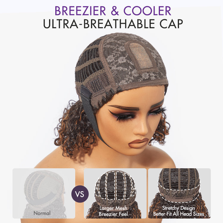 Final Restock | Brown Highlight Water Wave Glueless Minimalist Lace Ultra Breathable Cap Short Curly Wig with Bangs - US Only