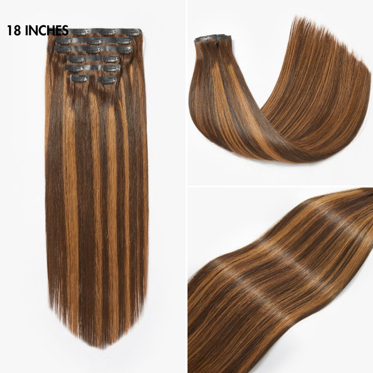 Seamless Brown Highlights Silky Straight Clip in Hair Extensions 135g 9pcs / 7pcs with Free Gift