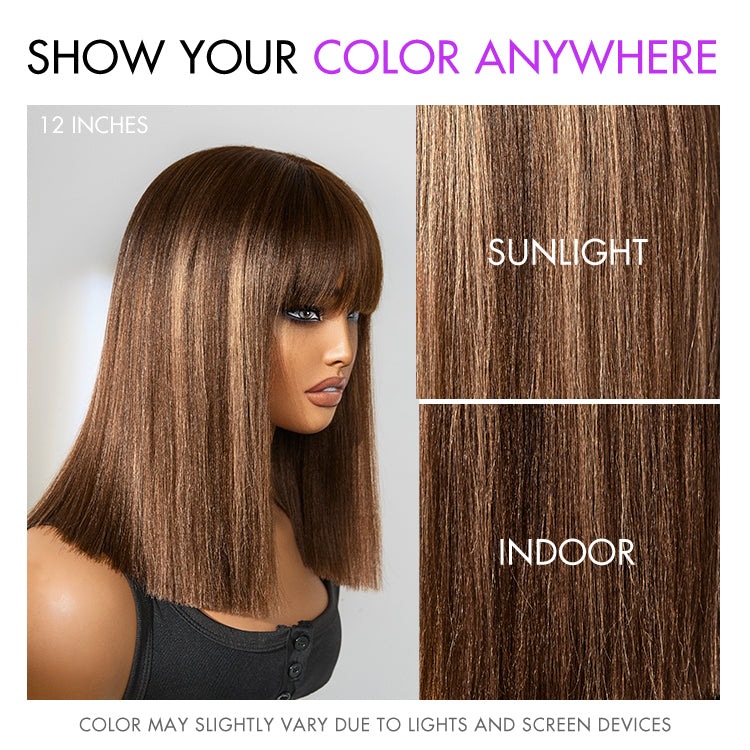 Special Deal | Ash Blonde Highlights Yaki Blunt Cut Bob Wig with Bangs Glueless Minimalist Lace Short Wig Breathable Cap