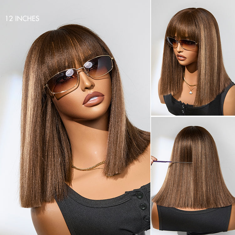Exclusive Discount | Put On and Go Realistic Glueless Yaki Straight Bob With Bangs Minimalist HD Lace Wig 100% Human Hair