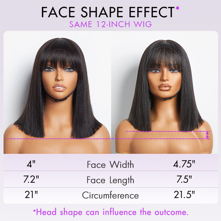 Exclusive Discount | Put On and Go Realistic Glueless Yaki Straight Bob With Bangs Minimalist HD Lace Wig 100% Human Hair