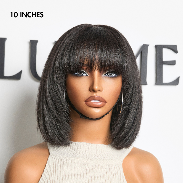 Exclusive Sale | Put On and Go Reddish Purple / Brown Highlight / Natural Black Layered Cut Yaki Straight Minimalist Lace Bob Wig with Bangs