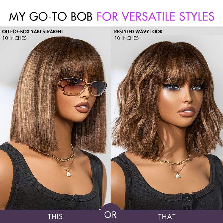 Special Deal | Ash Blonde Highlights Yaki Blunt Cut Bob Wig with Bangs Glueless Minimalist Lace Short Wig Breathable Cap