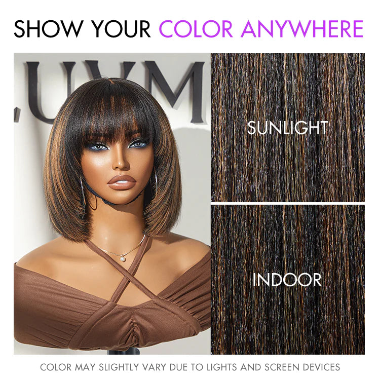 10''+12''=$159.9 | 10 Inches Brown Highlight Layered Cut Yaki Straight Bob Wig + 12 Inches Water Wave Minimalist Lace Wig
