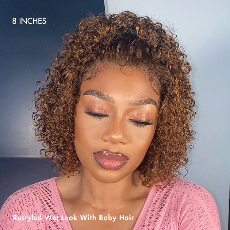 Weekly Special | Brown Highlight Short Cut Slicked Back Curly Ear-to-ear Wide T Lace Wig - US Only