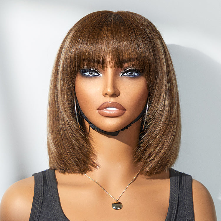 Put On and Go Ash Blonde Highlight / Brown Highlight / Natural Black Layered Cut Yaki Straight Minimalist Lace Bob Wig