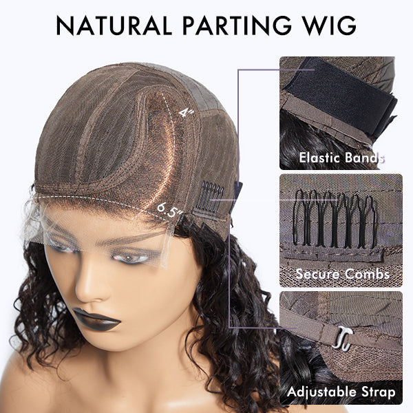 Elegant Natural Black Wavy Minimalist HD Lace Glueless C Part Short Wig 100% Human Hair - US Only